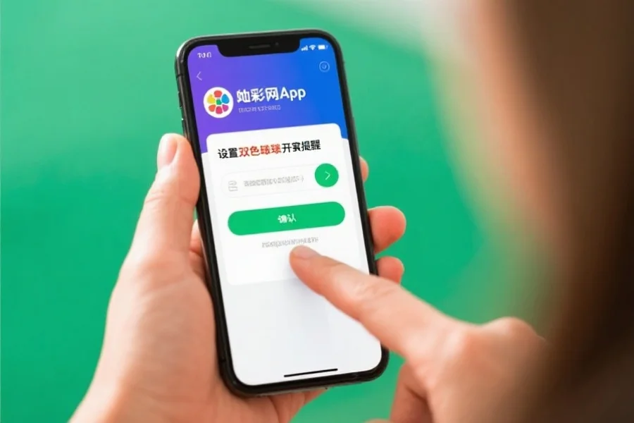 用户在现代智能手机上操作竞彩网App,界面显示设置双色球开奖提醒的选项,手指正点击确认按钮